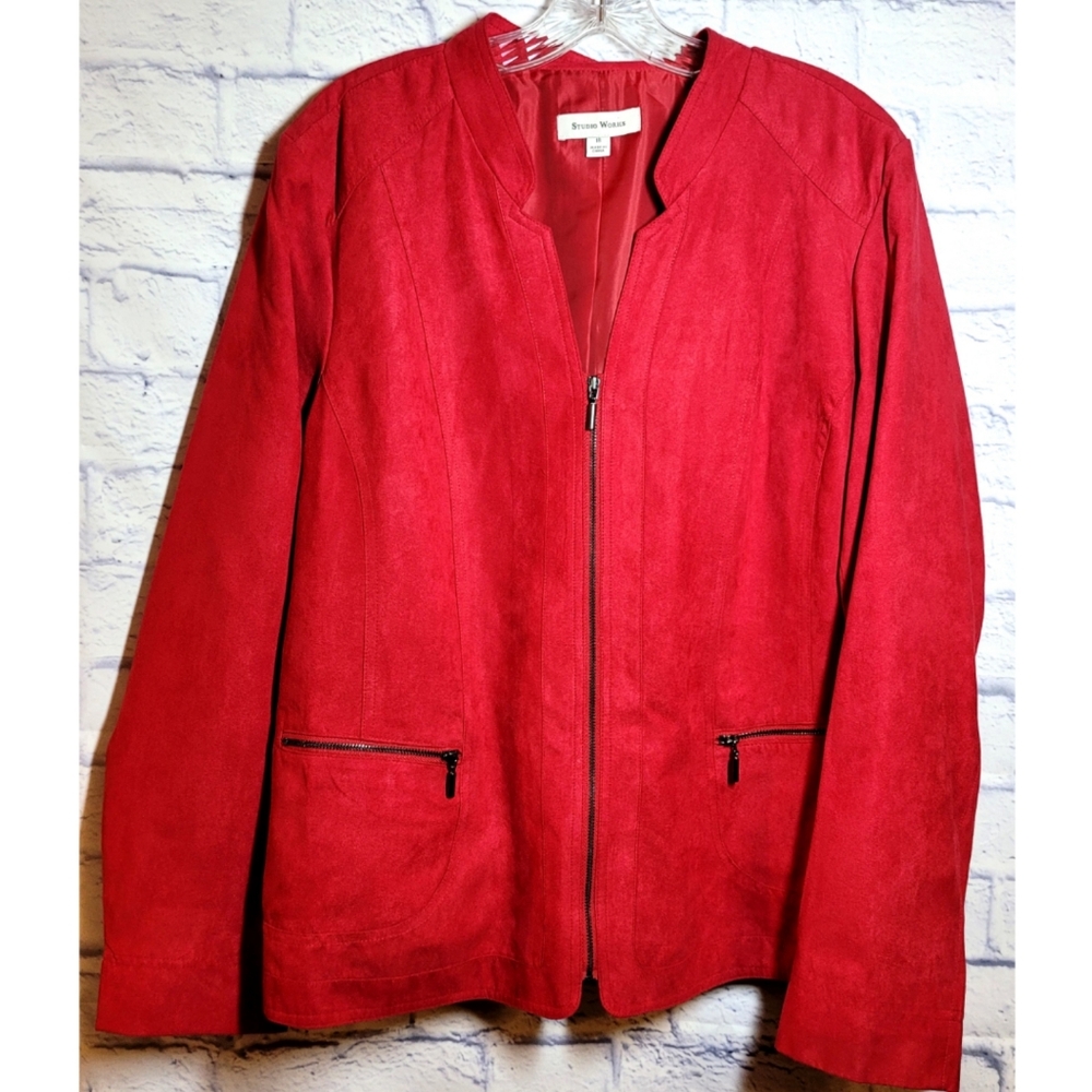 Studio Works Womens Faux Suede Zip Up Blazer Jacket Size 18 Rose Pink Classic